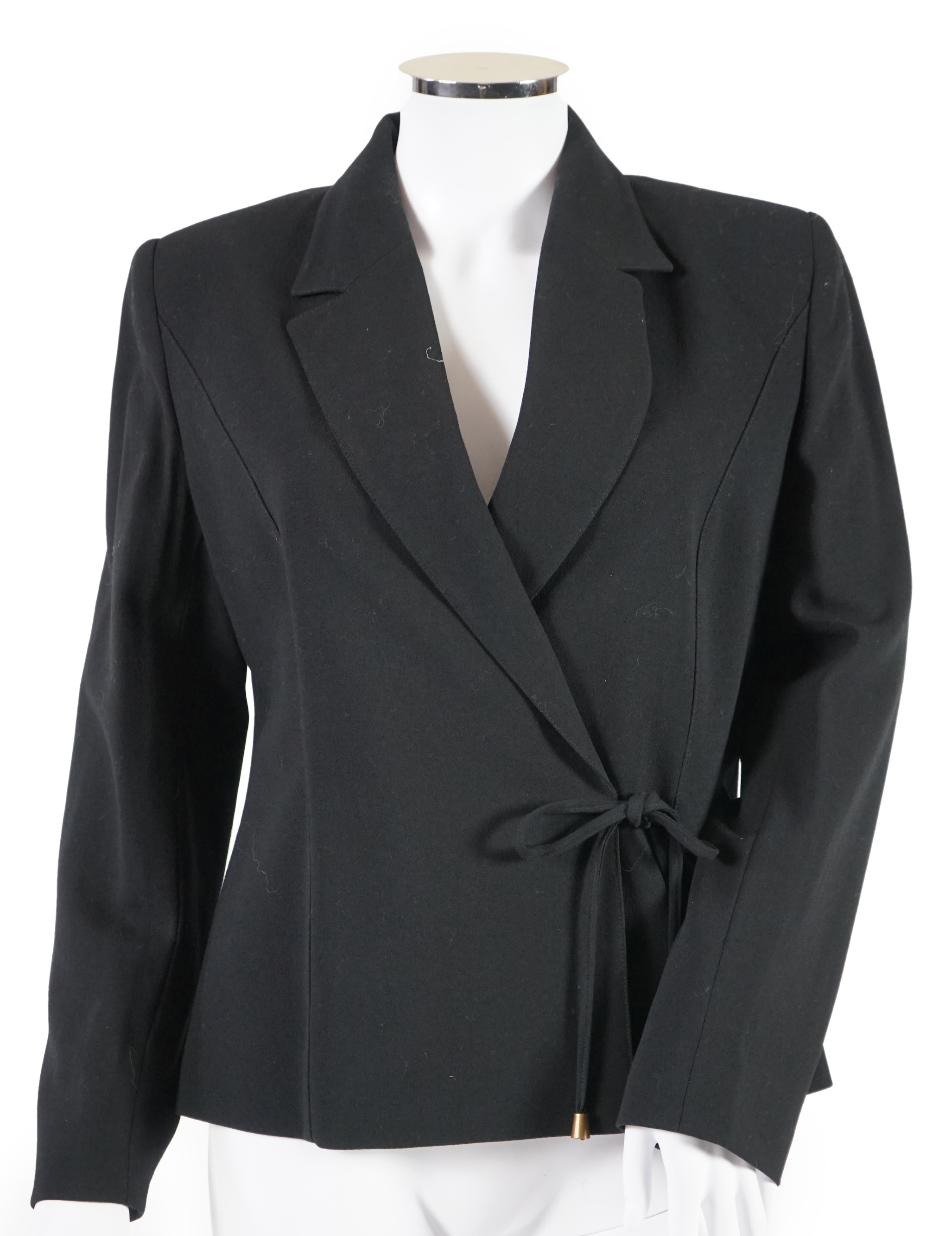 Two Louise Kennedy lady's suits: black with trousers and skirt, taupe long jacket with trousers. Approx size 14 Proceeds to Happy Paws Puppy Rescue